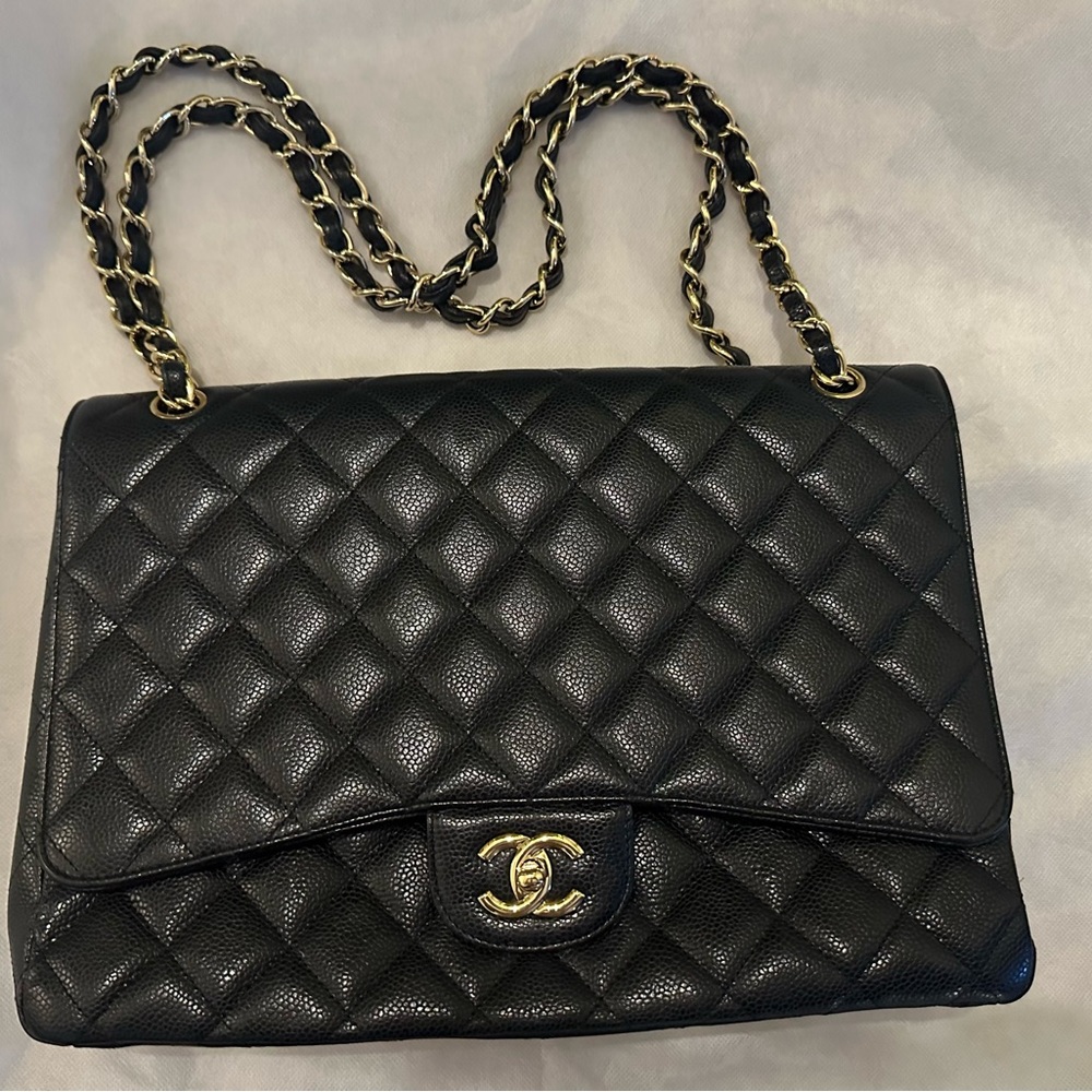 AUTHENTIC CHANEL CAVIAR LEATHER SINGLE FLAP BLACK AND GOLD HARDWARE MAXI EXCEL